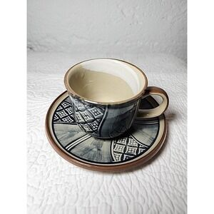 Japanese Tea Cup And Saucer Set. Blue/Tan/Brown. Hand Painted. Artist Signed.